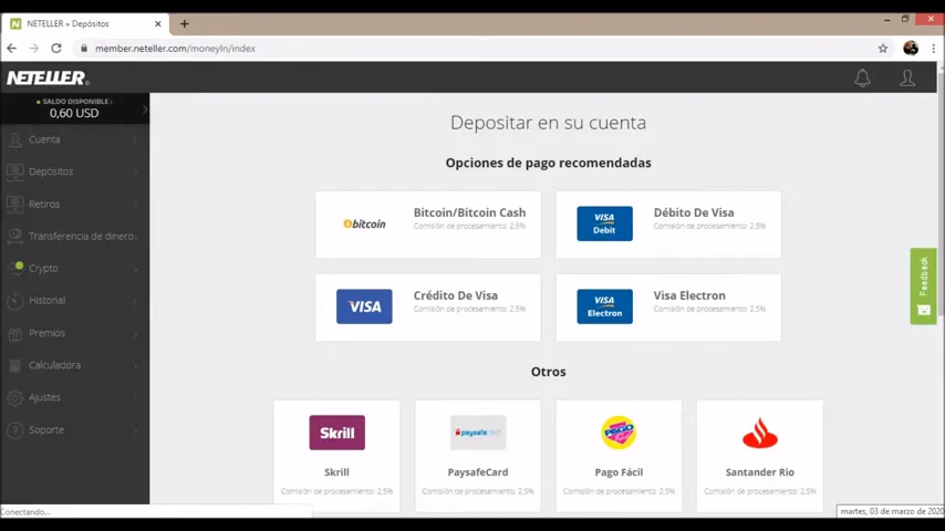 Panel de caja de un casino online con opciones de cobro electrónico